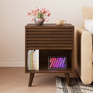 Modern Wood <strong>Mid</strong> <strong>Century</strong> Fluted 2 Tiers <strong>Bedside</strong> <strong>Table</strong> Nightstand with Solid Wood Legs for Bedroom Living Room - Product Image 1