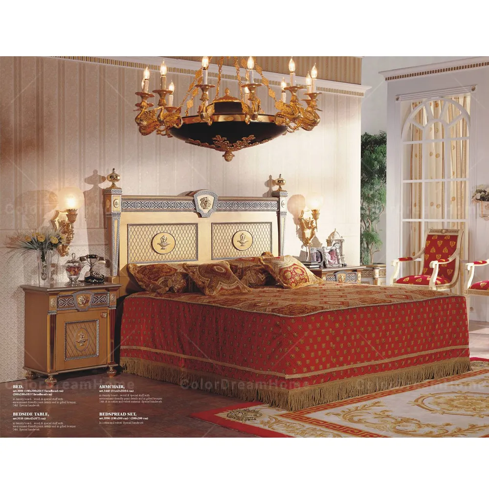Arabian Antique Gold King bed pure handmade wood carving bedroom furniture set
