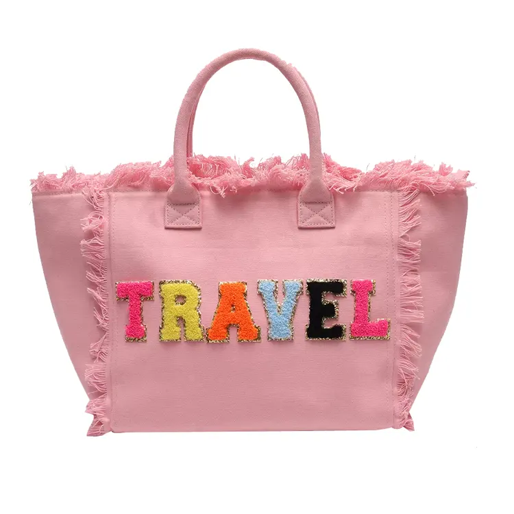 Spring Summer Custom Women Recycled Eco Friendly Cotton Canvas Fringe Shoulder Aslant Handbag Large Tassel Tote Beach Bag