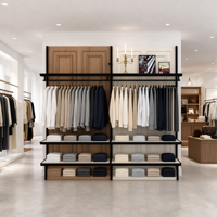 Porte-vêtements commercial en métal noir avec panneau arrière en bois bicolore blanc et étagères doubles suspendues