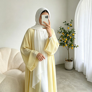Butter Yellow Eid Open Abaya 2 Piece <b>Set</b> Muslim Women Kimono Georgette Kaftan Robe Hijab <b>Modest</b> Outfit - Product Image 2