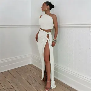 YY1128 sexy one shoulder crop tops and long skirt two piece set sexy 2 piece set women