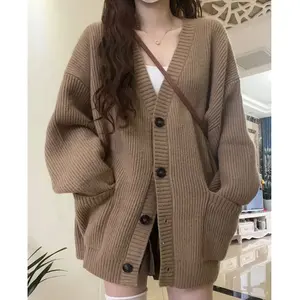oem/odm custom new long sleeved v neck cardigan simple sweater women fall and winter loose button knitted jacket