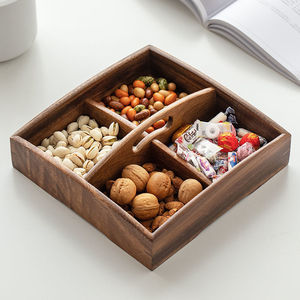 Walnut Wood Snack Box 4 Compartment Square Desktop <b>Storage</b> <b>Tray</b> For Dried Fruit Candy Nuts Gift Platter - Product Image 2
