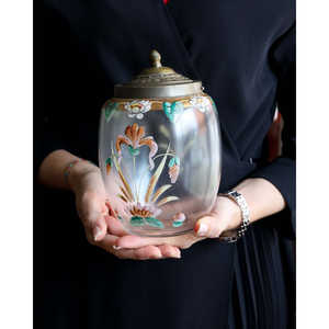 Grand vase en verre cylindrique de luxe peint à la main, en cristal, avec motif d'iris pour fleurs - Product Image 4