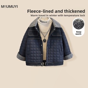 Veste d'hiver en denim patchwork pour garçons, veste chaude en molleton teinte en pièce, imprimée, version coréenne 2025, nouveauté - Product Image 3
