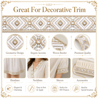 Ruban brodé géométrique or blanc de 4,5 cm de large avec sequins et strass pour robes, costumes, bricolage, couture, artisanat et accessoires de décoration