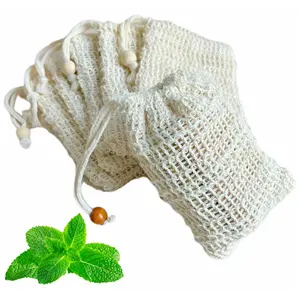 Natural Linen Soap Pouch Bathing Cleaning Mesh Soap Saver Bag With Drawstring