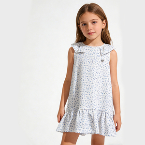 فستان صيفي للبنات الصغيرات بالجملة، فستان قطني بتصميم كلاسيكي بدون أكمام، فستان أطفال لطيف أزرق مزين بالزهور - Product Image 4