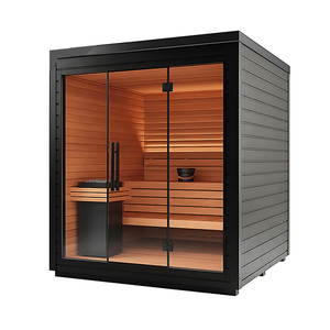 Sauna extérieur carré élégant tout noir pour 4 personnes, maison de sauna moderne pour jardin avec grandes fenêtres, espace de détente de luxe - Product Image 1
