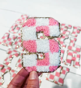 Bán buôn Hồng + Trắng rô Retro font chữ phong cách sắt trên Chenille Thư Các Bản vá lỗi với long lanh Vàng TRIM chấp nhận tùy chỉnh thiết kế - Product Image 1