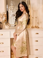 Gaun Mandi Satin Wanita Lengan Panjang Bermotif untuk Musim Panas dengan Ikat Depan Gaya Mewah