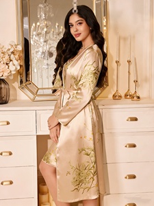 Women's Summer Printed Long Sleeved Satin Bathrobe With Front Tie Luxurious Style