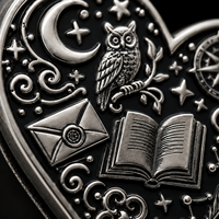 Logo en métal moulé sous pression émaillé dur, personnalisé, moderne, motif livre de sorts hibou en forme de cœur, thème mystique fantastique, pour fabricant