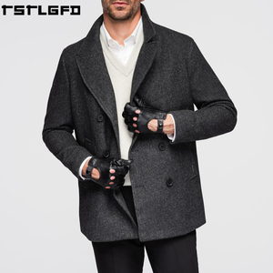 Cut And Sew Wool Blend <b>Pea</b> <b>Coat</b> <b>Men</b> Charcoal Grey Double Breasted Notched Lapel Windbreaker Streetwear Manufacturers Bulk - Product Image 3