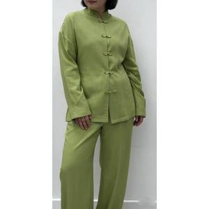 Nouvel ensemble deux pièces en lin mélangé de style <span class=keywords><strong>chinois</strong></span> pour <span class=keywords><strong>femme</strong></span>, haut à col mandarin et boutons grenouille, <span class=keywords><strong>pantalon</strong></span> large, tenue décontractée - Product Image 1