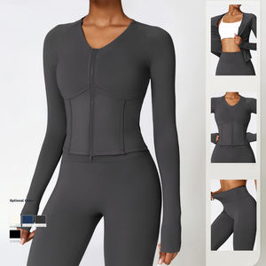 Toptan boyunduruğu örme yüksek streç Yoga 2-Piece Set zayıflama Fit uzun kollu tayt ile fermuar & nefes boyun kırpma üst - Product Image 6