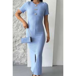 Robe moulante bleue à col rond en tricot, taille cintrée, pour occasions formelles, simple, élégante, décontractée - Product Image 2