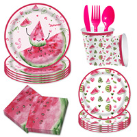 Vaisselle de fête d'anniversaire à la pastèque rose, assiettes en papier jetables, gobelets, serviettes, décorations de fête aux fruits d'été