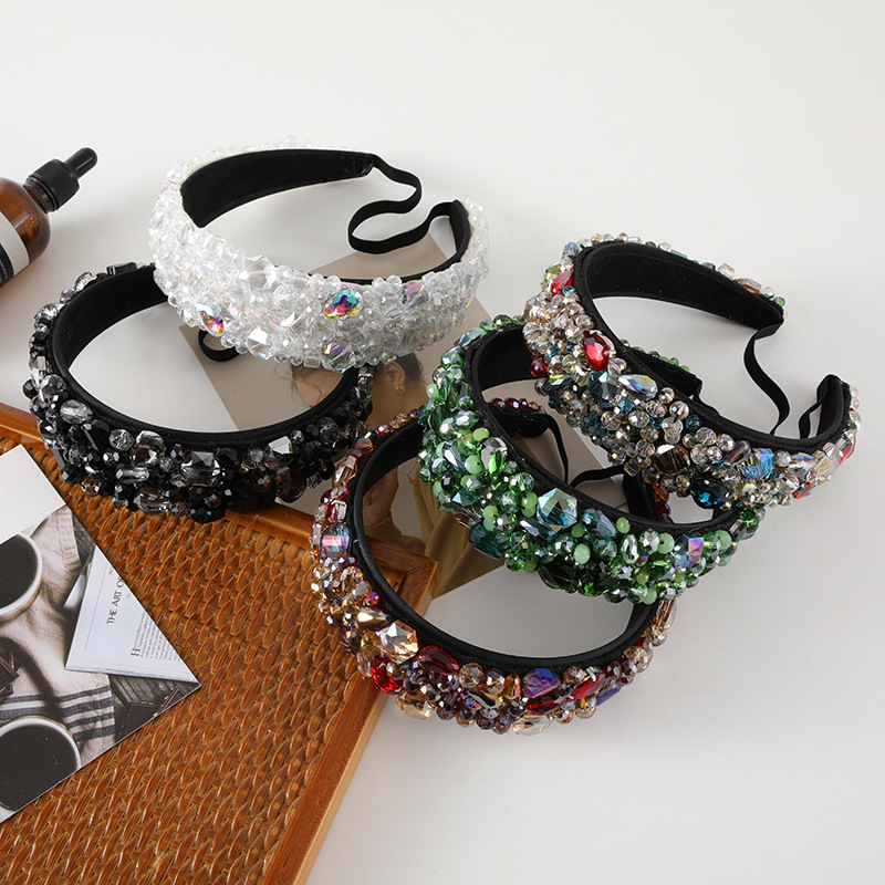 New Korean Handcrafted Colorful Crystal Glass Beads Headband Retro Wide Edge Headband