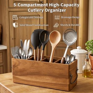 New solid wood five-compartment <b>kitchen</b> cutlery storage box with handle and compartments for organizing cutlery. - Product Image 1