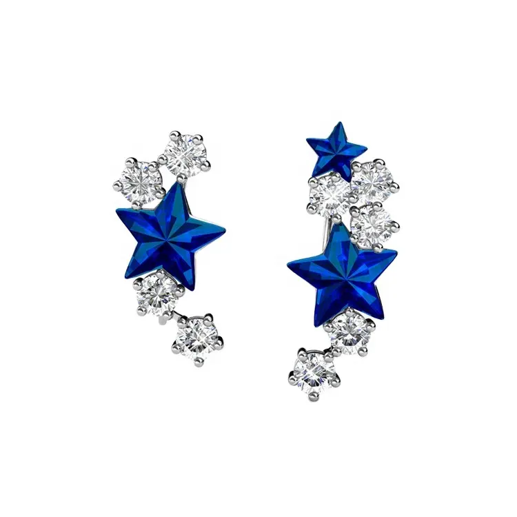 Pendientes de plata de ley 925 con diseño de oreja, con estrella azul, asimétrico, con cristales, joyería Destiny