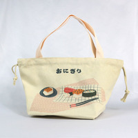 Sac à déjeuner en toile à motif de dessin animé avec cordon de serrage, pochette bento japonaise, logo personnalisé, écologique, fournisseurs en gros, pour le bureau et les pique-niques