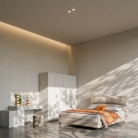 Ensemble de meubles de chambre nordique gris en gros : lit plateforme rembourré, placard de rangement, coiffeuse avec éclairage LED pour appartement