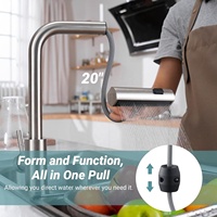 Keran Dapur Modern Waterfall dengan Semprotan Tarik Keluar, Finishing Nikel Brushed, Baja Tahan Karat SUS304, Pegangan Tunggal, Pemasangan di Dek