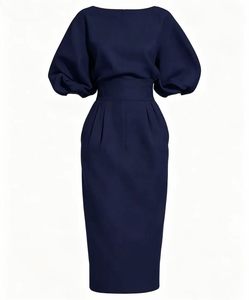 Plus Size <strong>Navy</strong> Blue Midi A-Line <strong>Dress</strong>-Crew Neck Regular Sleeves High-Waisted <strong>Tailored</strong> Fit Formal Chiffon Breathable Summer <strong>Dress</strong> - Product Image 1