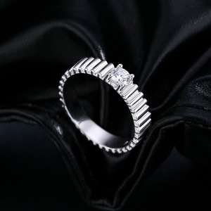 S925 <b>Silver</b> Half Eternity Baguette CZ Band with CenRound Diamond <b>Solitaire</b> <b>Ring</b> Prong Setting Classic Engagement Band for Women - Product Image 3
