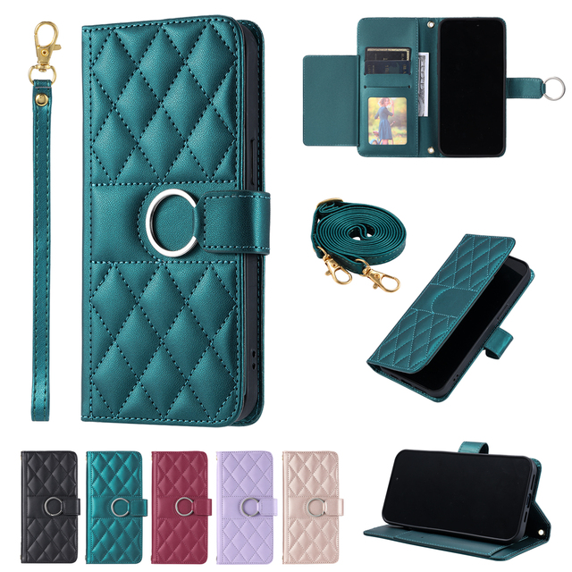 iPhone Wallet Cover Crossbody Magnetic PU Leather Fashion Shockproof Phone Case with Long Strap and Flip Wrist Strap