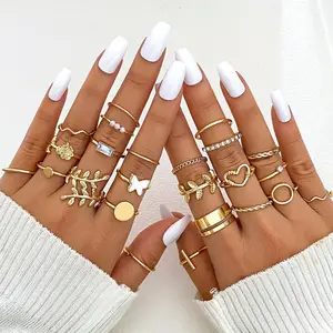 Bohemian Rhinestone Ring Set For Women Alloy Leaf Heart Faux Pearl Decor Ring