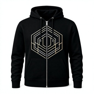 Sweat-shirt à capuche noir pour homme avec fermeture éclair, imprimé géométrique hexagonal, poche avant, style streetwear - Product Image 1