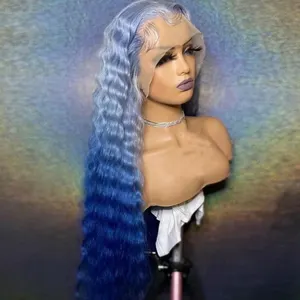 Wig gelombang dalam longgar rambut manusia renda transparan wig penutup depan Ombre biru muda/biru warna rambut Brasil 10 "-30"