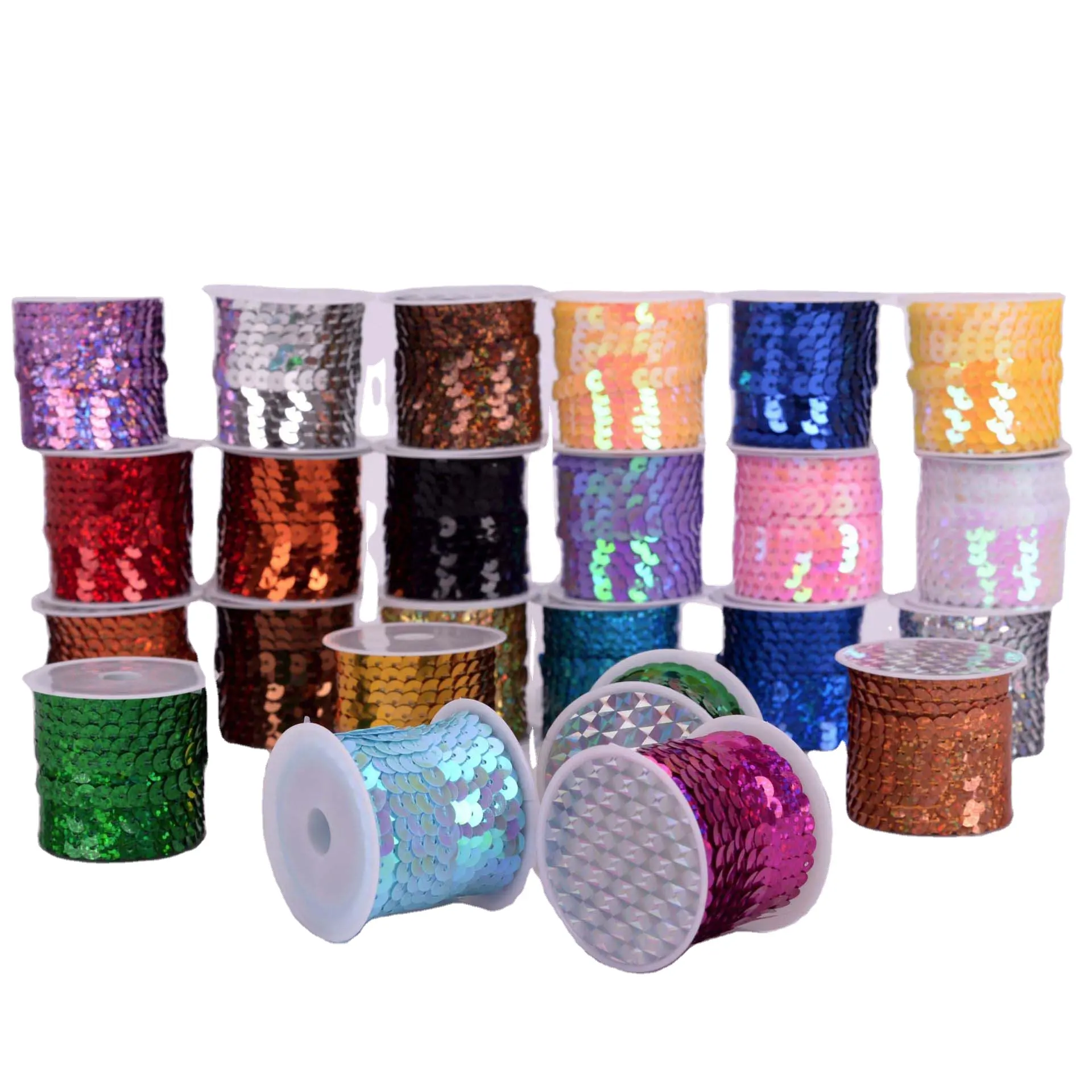 5y/roll diy garment accessories craft decorative cream color laser holographic sequins connected 6mm flat round pvc sequin lace