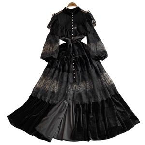 Abito Ampio da Donna in Velluto con Colletto alla Coreana, Stile Retrò Francese, con Perle e Inserti in Pizzo - Product Image 5