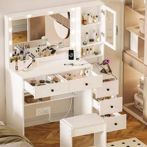 Coiffeuse blanche style ferme <span class=keywords><strong>avec</strong></span> 5 tiroirs, station de charge, miroir éclairé, étagère de rangement, en bois, pour maquillage et habillage - Product Image 1