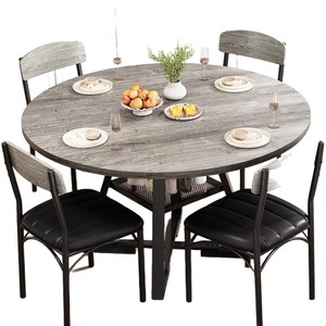 Simple <b>round</b> <b>dining</b> <b>table</b> <b>set</b>, extendable wood grain <b>table</b>, leather upholstery, wrought iron <b>dining</b> chairs, small apartment - Product Image 5