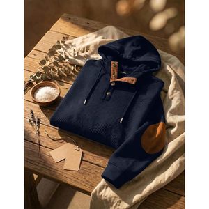 FOXA <b>Men's</b> Hooded Sweatshirt Cotton Textured Long Sleeve Half Button <b>Pullover</b> Breathable Casual Wear - Product Image 5