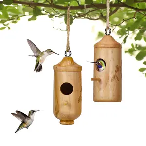 Casa de colibrí de madera natural para colgar al aire libre, colibrí oscilante, nido de colibrí, ventana de jardín, casa de pájaros al aire libre