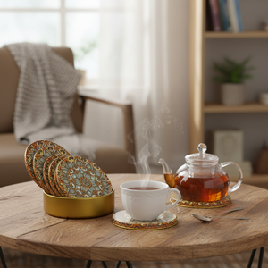MANDALA DESIGNED AND BOXED SIX METAL <b>TEA</b> MAT - COASTER MADE IN TURKEY - Product Image 3