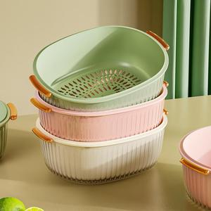 Cesta coladora de plástico de 2 niveles para frutas y verduras, duradera, apilable, con bandeja para lavado en la cocina - Product Image 1