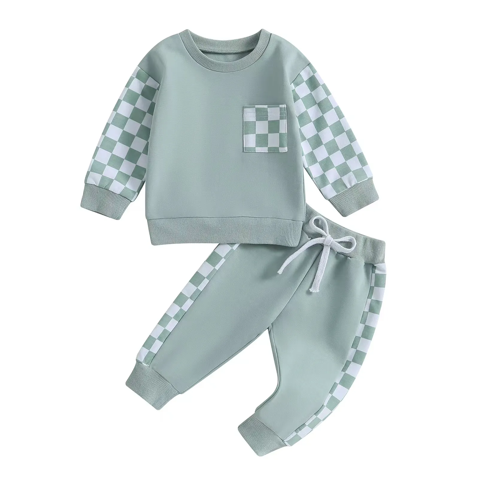 Schlussverkauf Frühjahr Junge kariert Stil Farbblock Sweatshirt-Sets 2-teiliges Set Kindermode-Sets