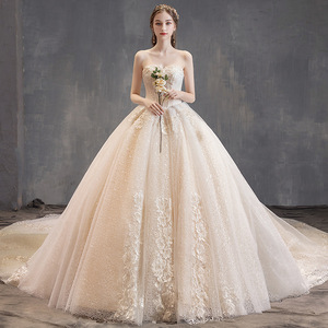Elegant Strapless Champagne Ball Gown Wedding Dress With Long Train Vintage Style For Bridal Wear - Product Image 1