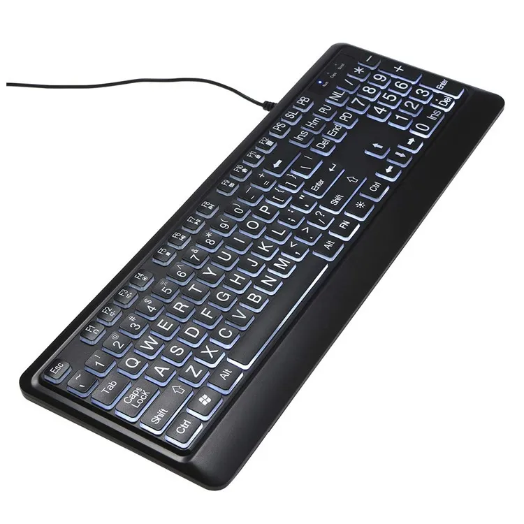 Teclado de impresión grande con cable, letras jumbo en negrita blancas, Teclado retroiluminado silencioso con caracteres de gran tamaño, 104 teclas para personas mayores