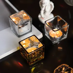 Gold Silver Square Plated Glass Candle Cup 5.5*5.5CM Glass Canlde Cup For Home Holiday Dinner Decor