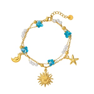 Bracelet en acier inoxydable plaqué or 18 carats avec étoile de mer, <span class=keywords><strong>soleil</strong></span>, <span class=keywords><strong>lune</strong></span>, papillon bleu, cristal <span class=keywords><strong>et</strong></span> perle, double couche, anti-ternissement, bijoux bohèmes - Product Image 5