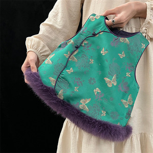 Tongxingyuan Girls Satin Jacquard Vest Thickening Flowers Purple Fur Trim Winter Chinese Style Sleeveless Qipao Coat - Product Image 3