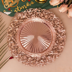 Nuevos Platos Decorativos Redondos de Plástico de 13 Pulgadas con Diseño de Flores Doradas y Plateadas <span class=keywords><strong>para</strong></span> Decoración de Mesa de Boda y Fiestas, Estilo Europeo - Product Image 4